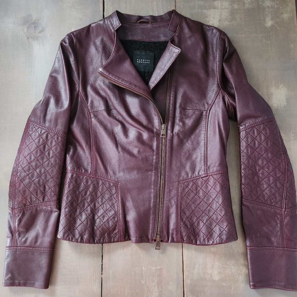 Barneys New York Burgundy Leather Moto Jacket – Size XS